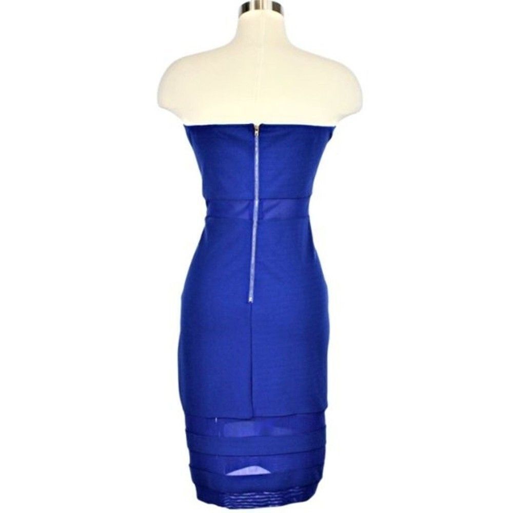 Sleek Bodycon Cocktail Dress Mesh Illusion Waist & Hem Strapless Royal Blue Med - Picture 3 of 7